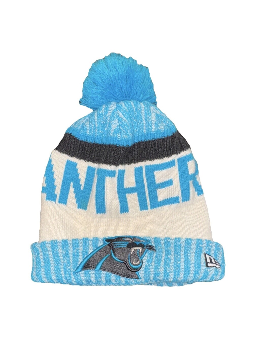 New Era Carolina Panthers NFL Knit Beanie Hat Pom One Size Blue White Black EUC